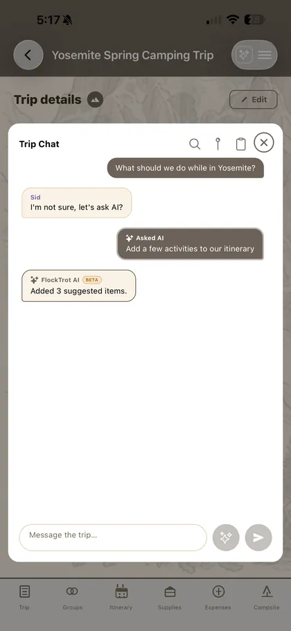FlockTrot trip chat where the AI assistant proposes activities for a Yosemite trip and confirms it has added three suggested items to the itinerary.