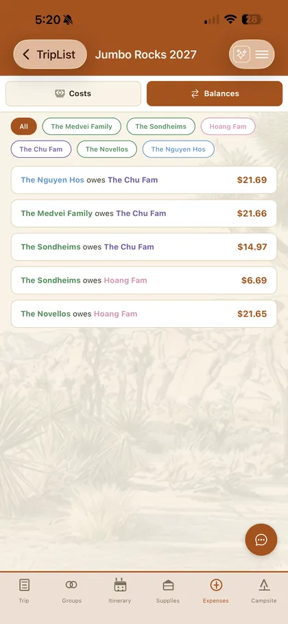 The FlockTrot balances screen listing which family owes which, with the amount owed beside each pair after costs were split.