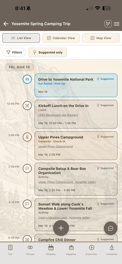 The FlockTrot calendar view of a Yosemite trip, showing meals, a hike and a campsite setup laid out across a timed day grid.